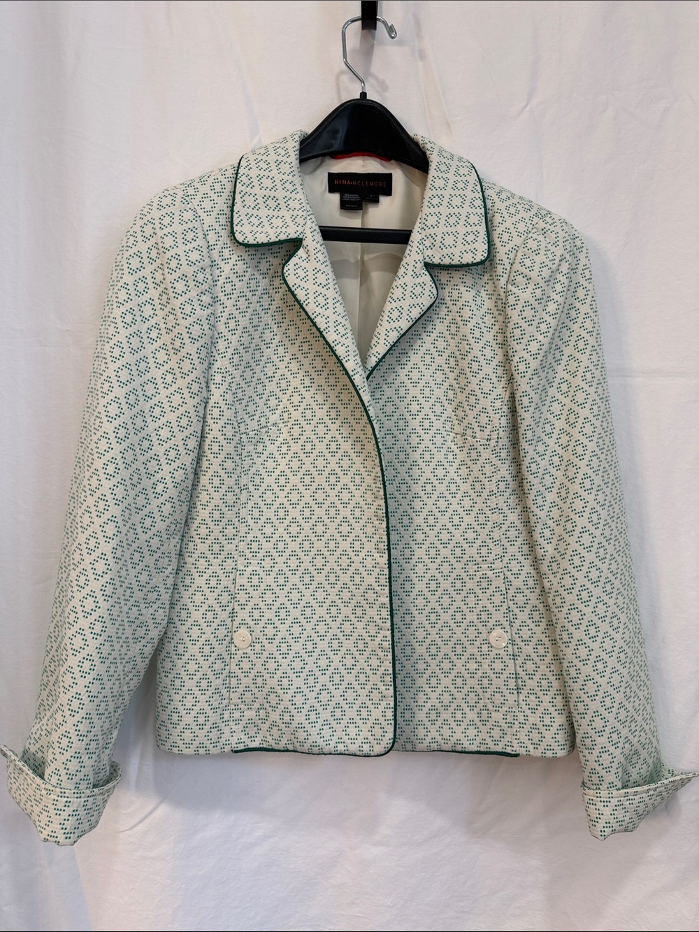 Nina McLemore Mint Green Patterned Blazer with Dark Green Piping